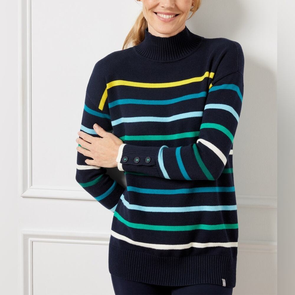 T by Talbots Coolmax Drop Shoulder Turtleneck Sweater Stripes Blue Buttons Sz 3X